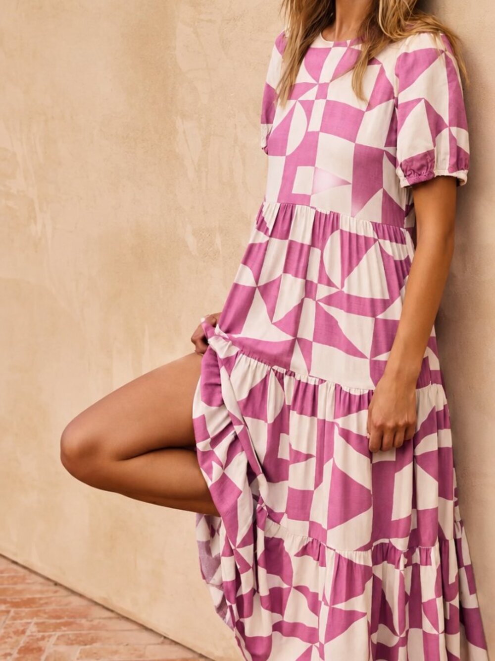 Mister Zimi Geometria Rose Pepper Tiered Midi Dress US 12 Viscose